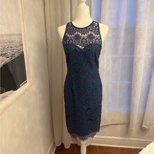 JAYGODFREY Pretty Pretty Navy and Green Lace Midi Dress With Sculpted Lace Hem